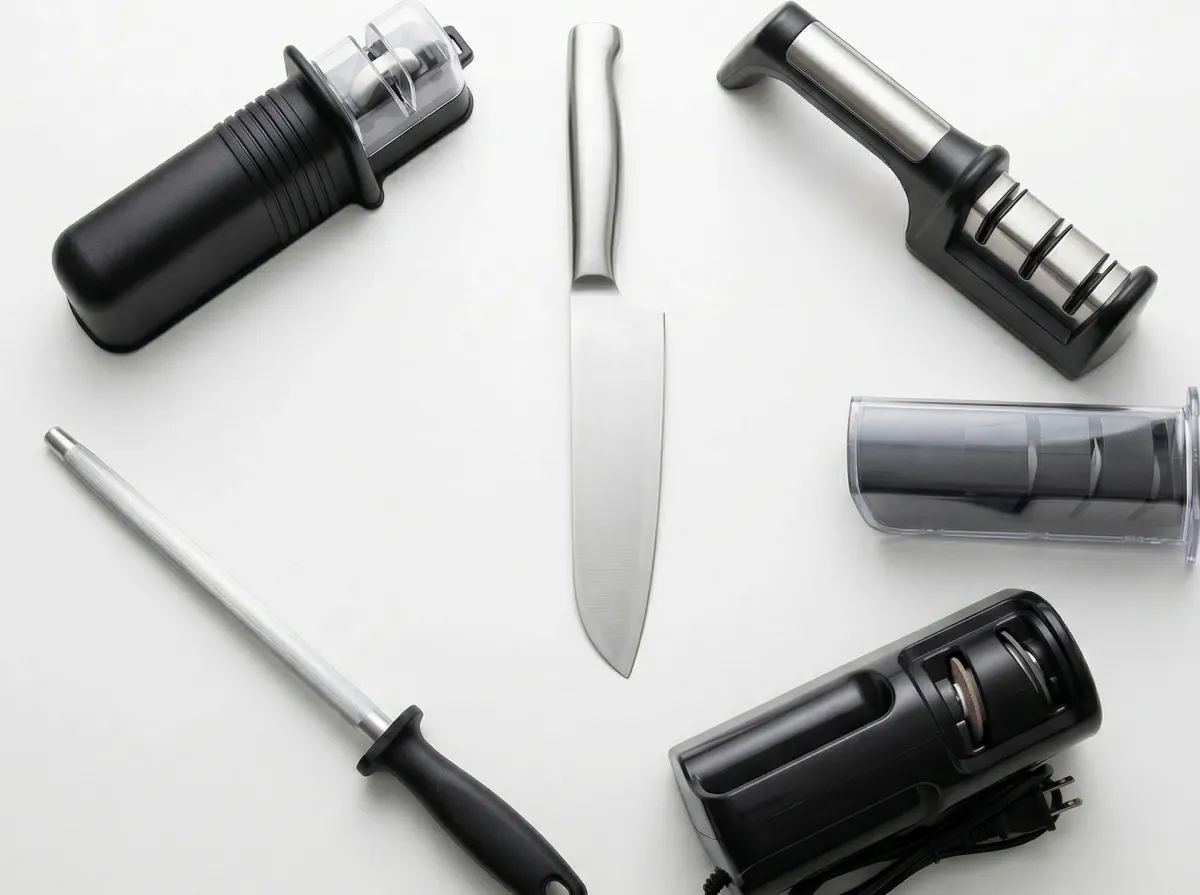 5種類の包丁研ぎ器を白い天板にフラットレイで並べた俯瞰写真