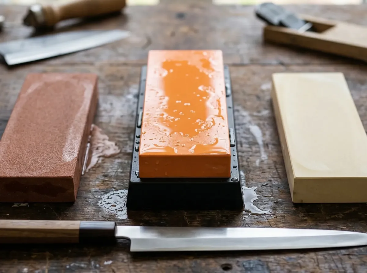 荒砥石・中砥石・仕上げ砥石の3種類と柳刃包丁を木製テーブルに並べた写真