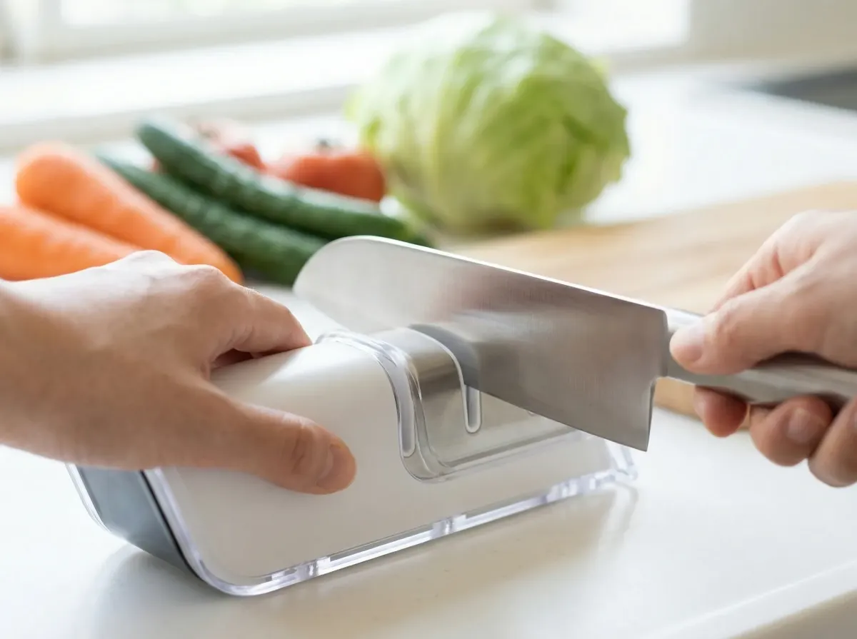 3段式シャープナーで包丁を研いでいる手元のクローズアップ写真