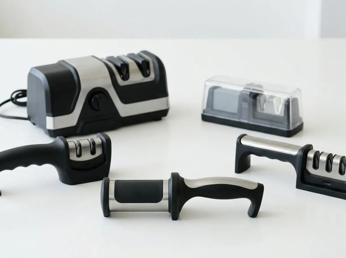 5台の包丁研ぎ器を白いカウンターにV字型に配置した比較写真