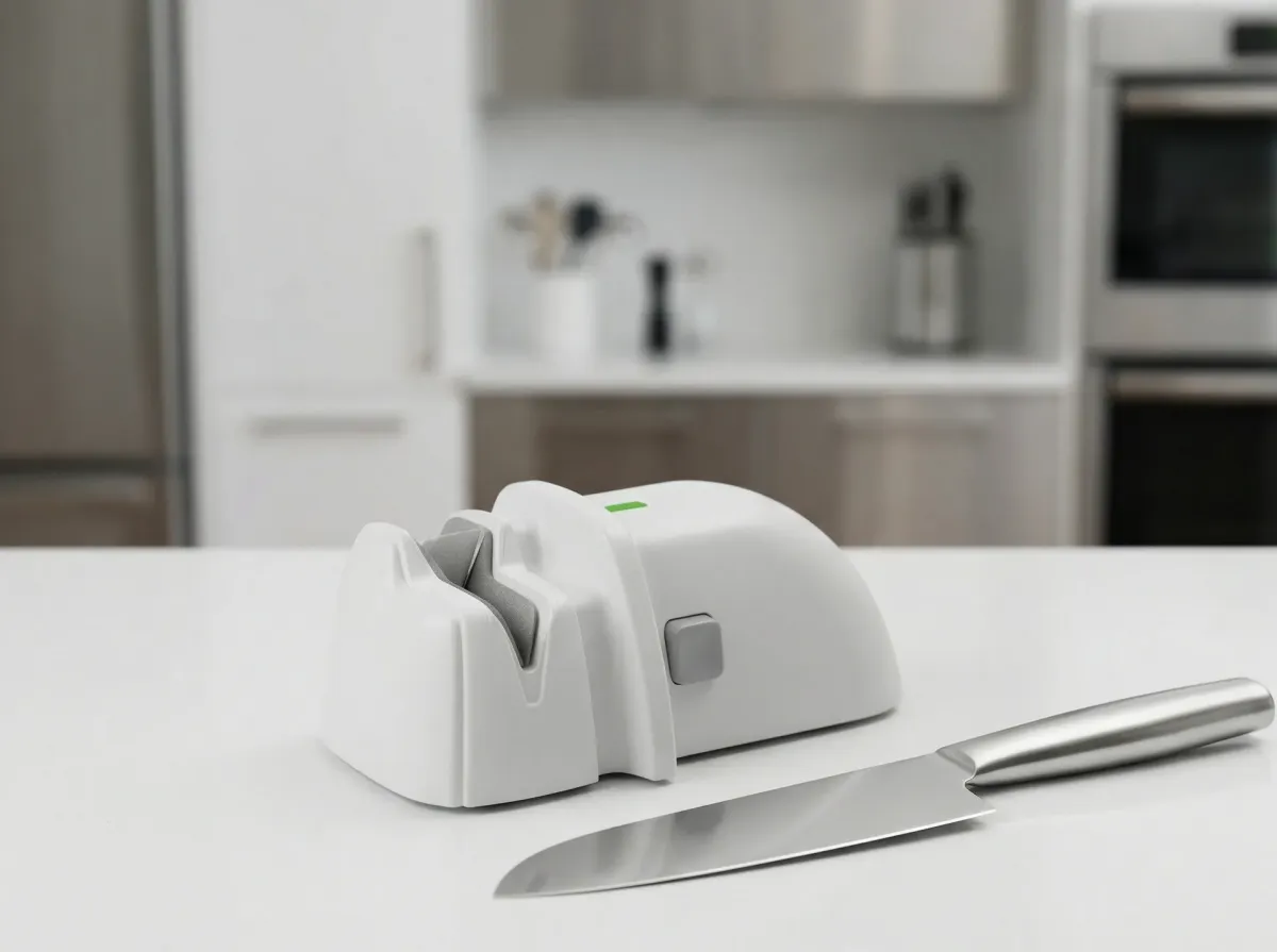 白いコンパクトな電動シャープナーと三徳包丁をモダンキッチンに配置した写真