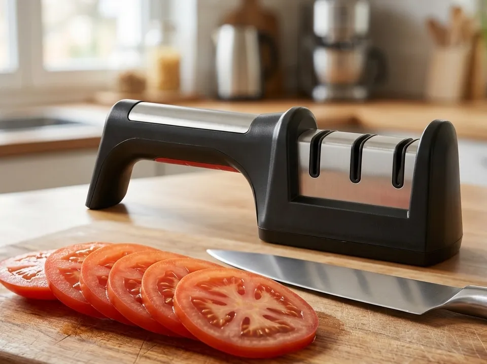 黒い3段式シャープナーと薄くスライスされたトマトを明るいキッチンで撮影した写真