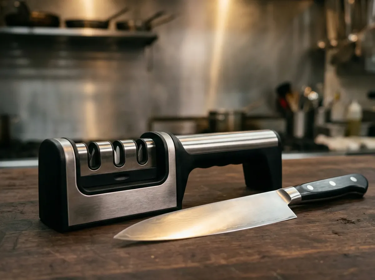 プロ仕様のシャープナーと牛刀をレストラン厨房風の暗い木製カウンターに配置した写真