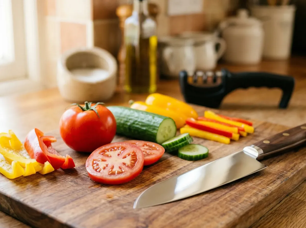 木製まな板にトマト・きゅうり・パプリカと三徳包丁を明るいキッチンで撮影した写真