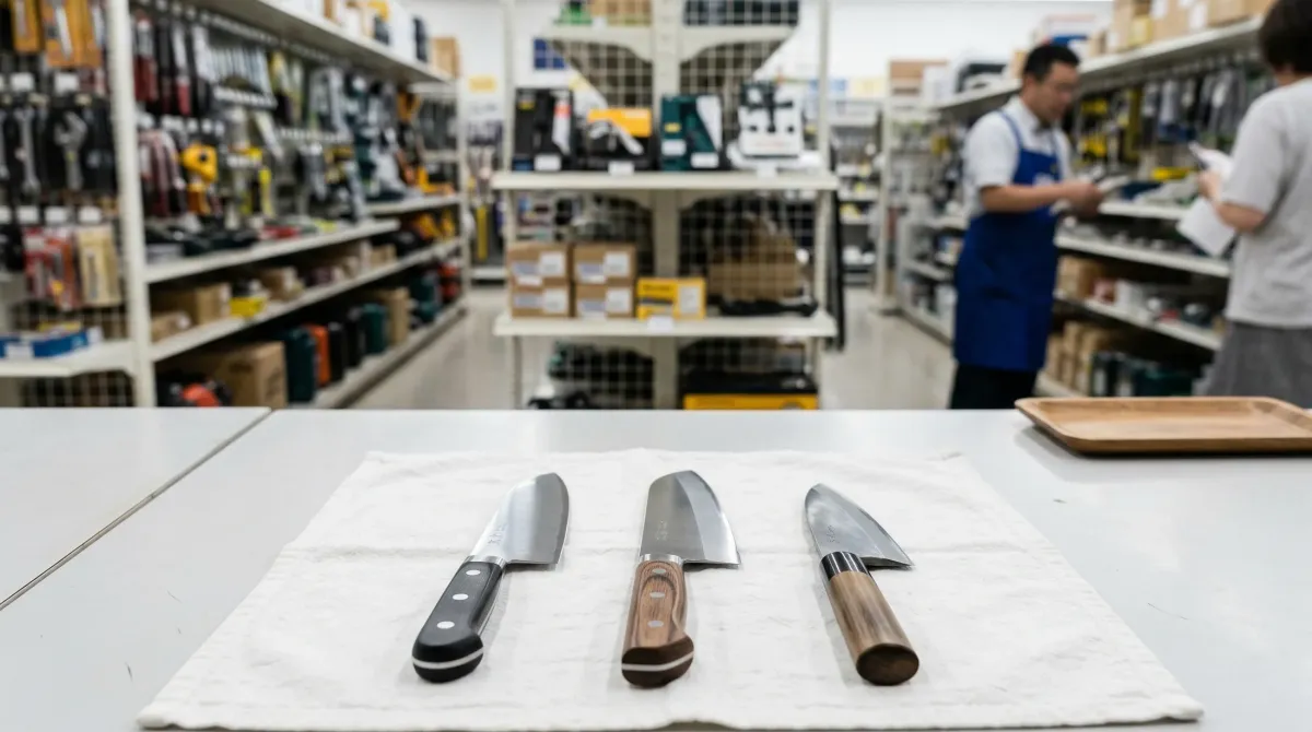 ホームセンターのサービスカウンターに並ぶ包丁