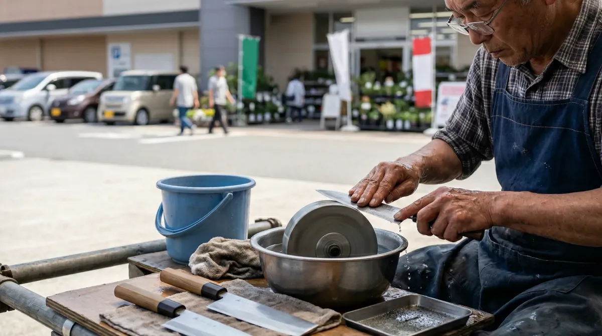 ホームセンター前で包丁を研ぐ職人