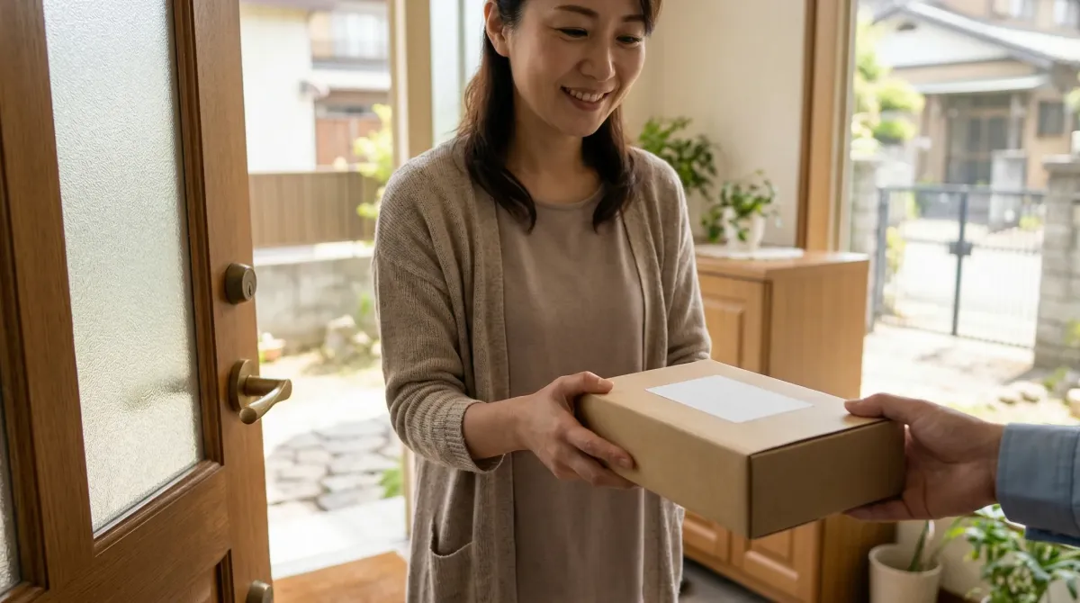 玄関先で宅配便を受け取る女性