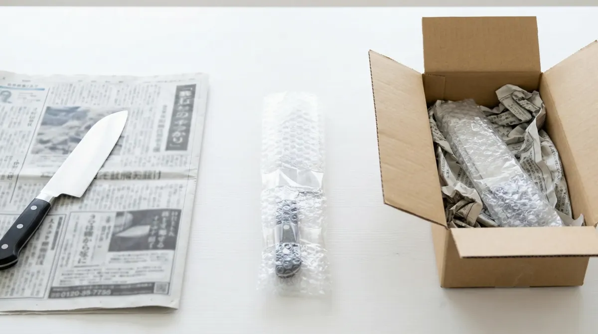 包丁の梱包手順を示す俯瞰写真