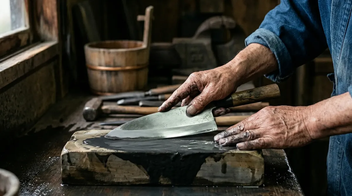 伝統的な刃物工房で出刃包丁を研ぐ職人の手元
