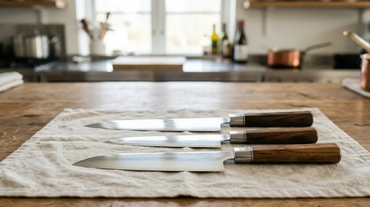 プロに研がれた3本の包丁が布の上に並ぶ