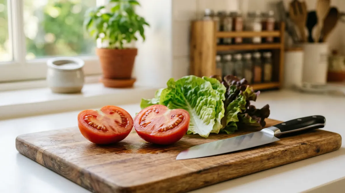 研ぎたての包丁でトマトを切る家庭キッチン