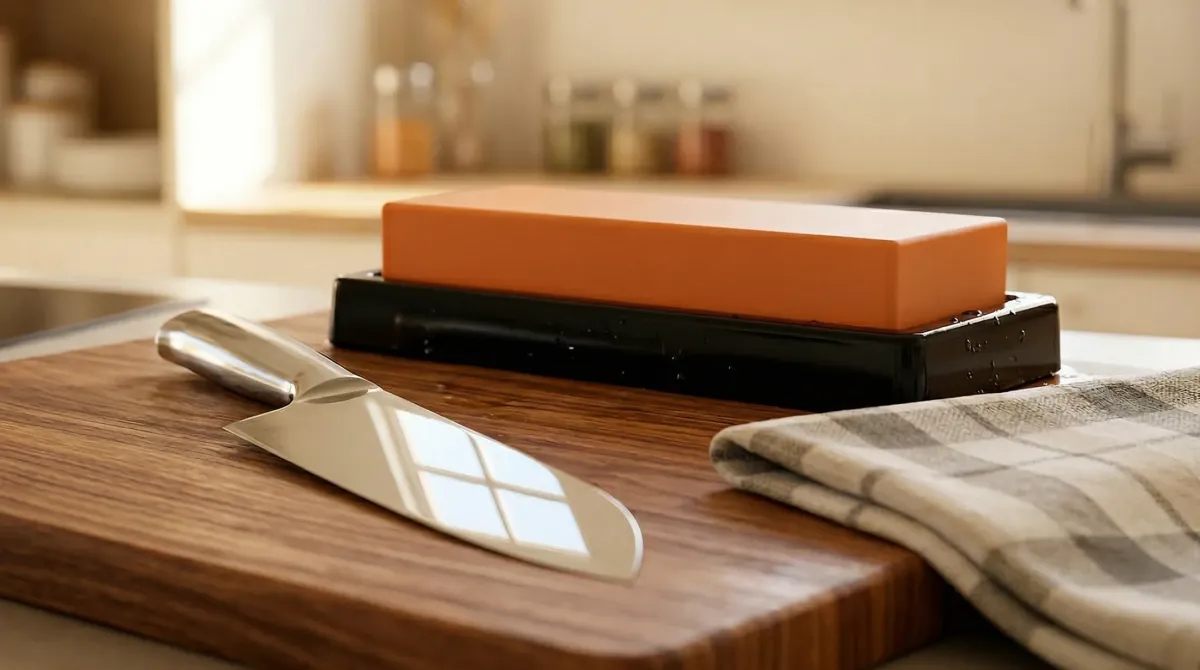 木製まな板の上のステンレス三徳包丁とオレンジ色の砥石セット