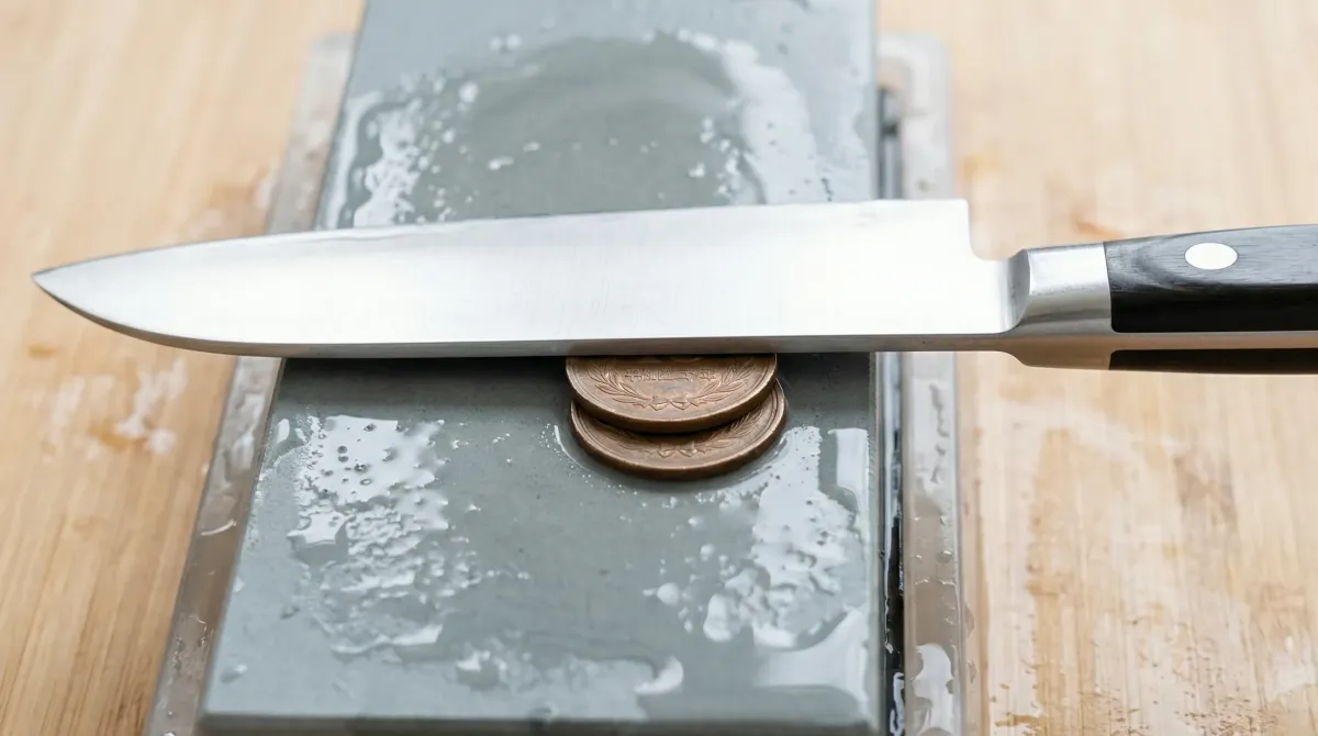 砥石と包丁の間に10円玉を挟んで角度の目安を示す様子