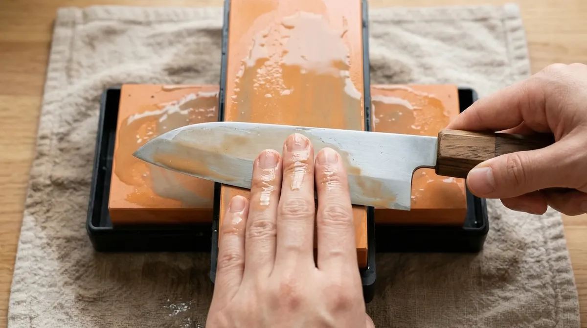 オレンジ色の砥石で包丁を研いでいる手元のクローズアップ