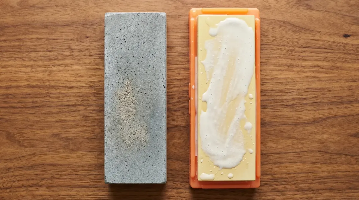 灰色の砥石とオレンジ色のセラミック砥石の比較