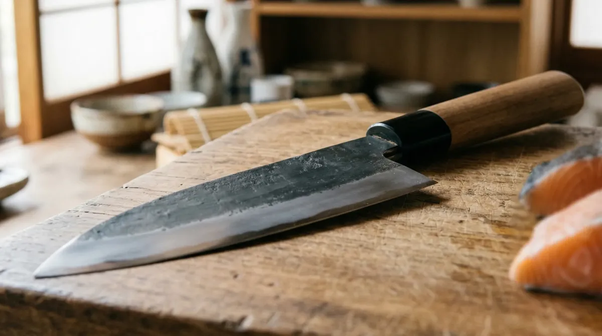 木製まな板の上の出刃包丁と魚の切り身