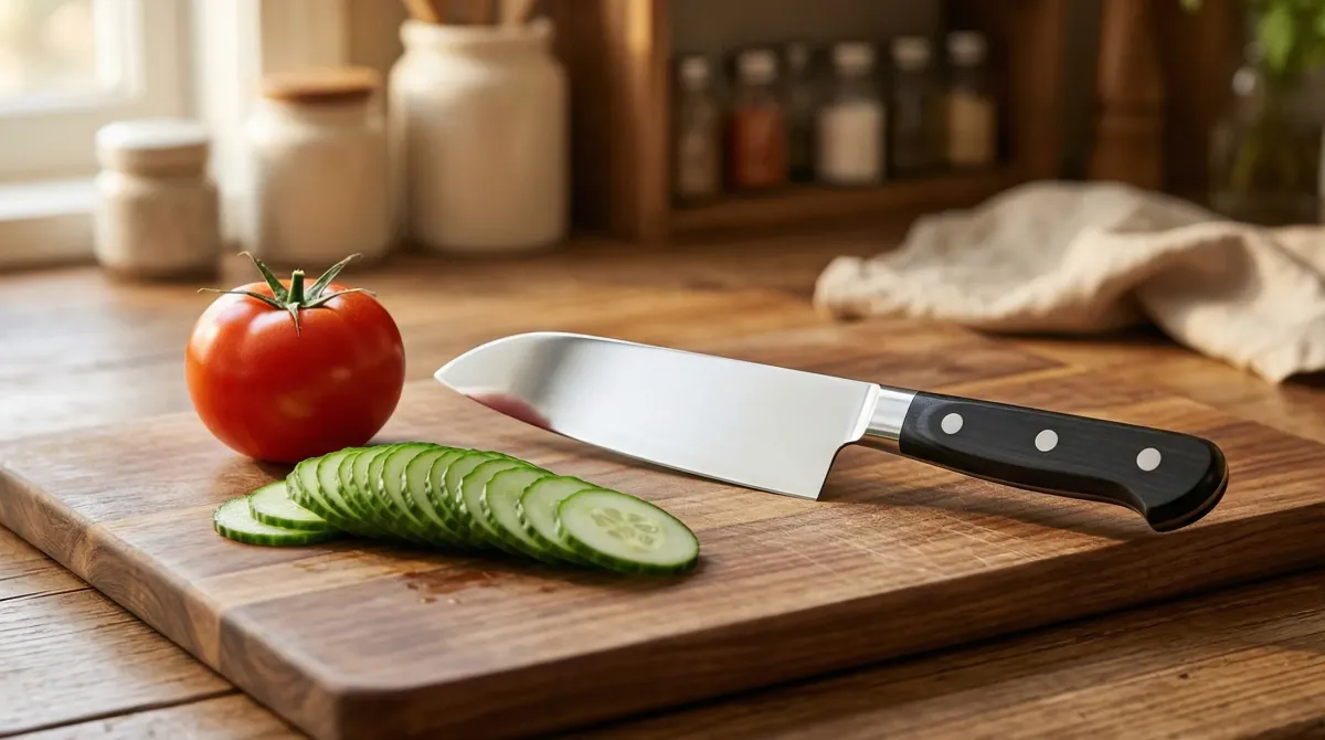 研ぎ上がった包丁でトマトときゅうりをスライスした様子