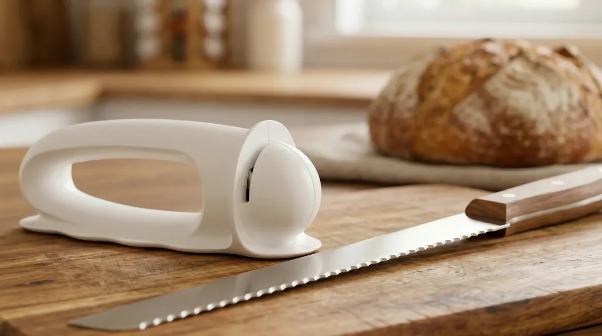 パン切り包丁と専用シャープナーがキッチンの木製まな板の上に置かれている様子