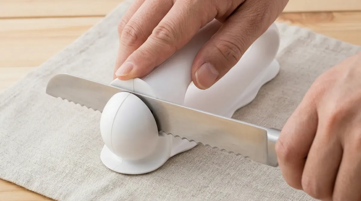 シャープナーのスロットにパン切り包丁を通して研いでいる手元のクローズアップ