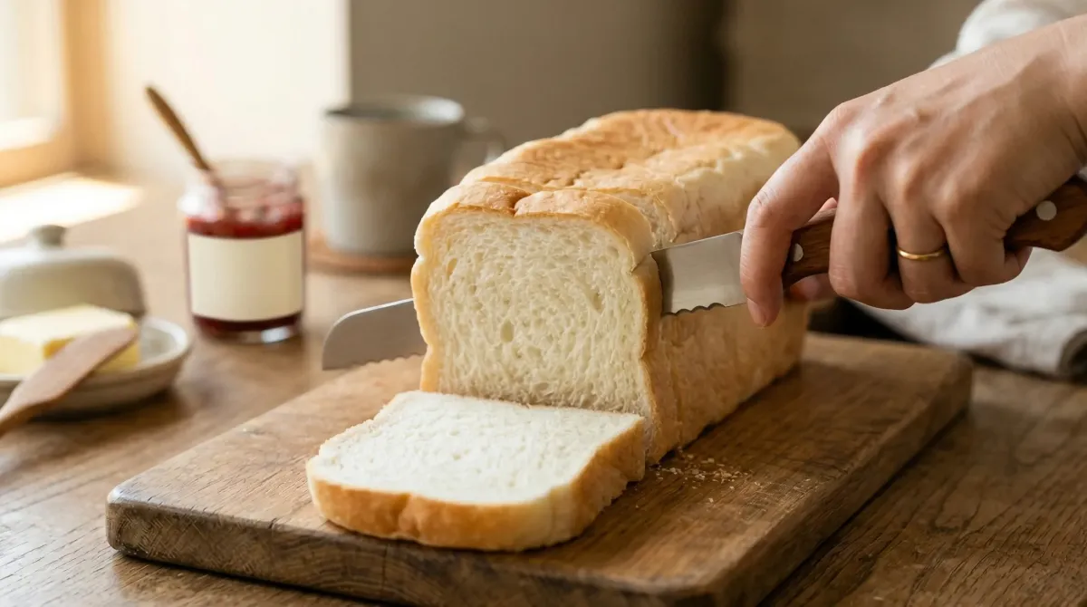 パン切り包丁で食パンを美しくスライスしている様子