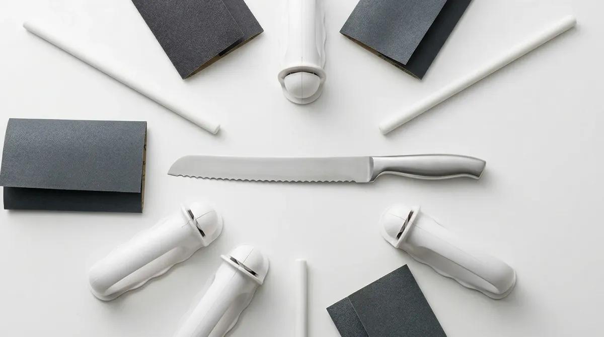 パン切り包丁と各種研ぎ道具をフラットレイで俯瞰撮影した構図