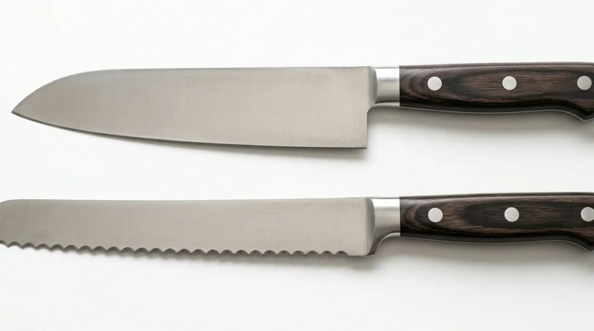 ストレート刃の三徳包丁と波刃のパン切り包丁を並べた比較写真