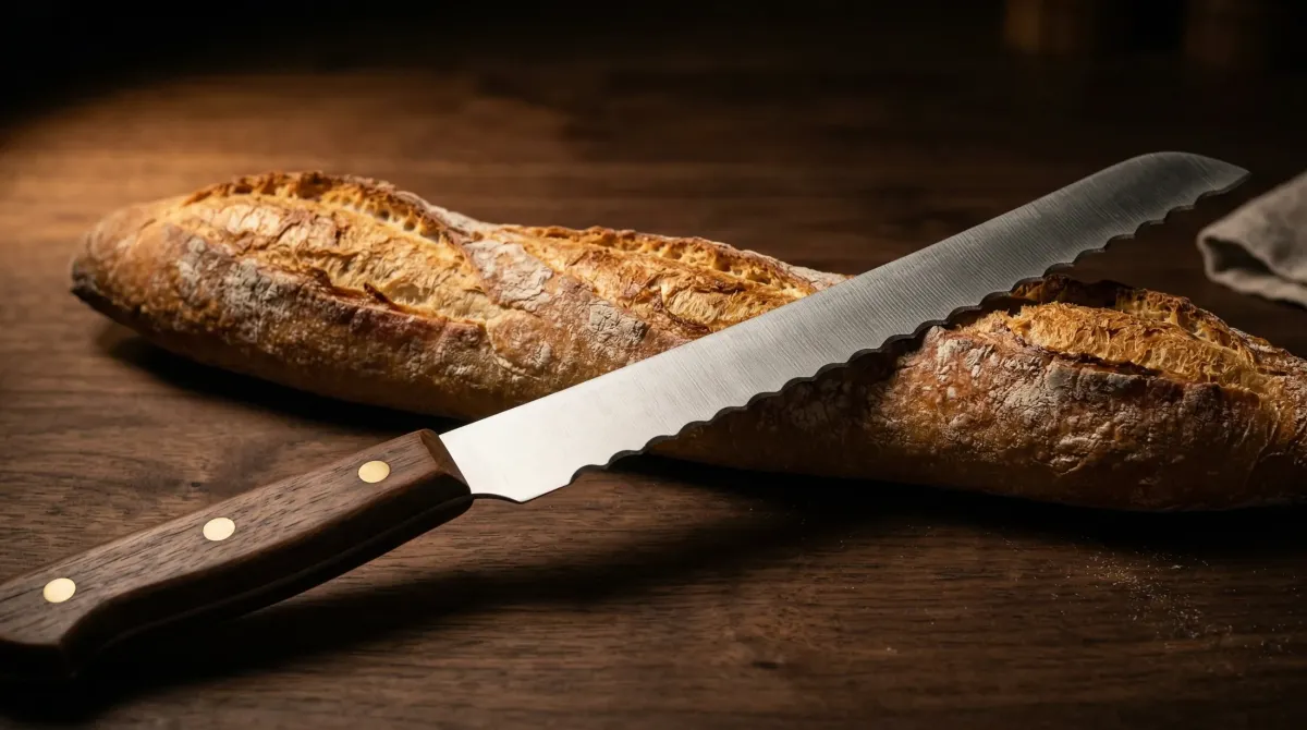 暗めの木製テーブルに置かれた高品質なパン切り包丁とバゲット