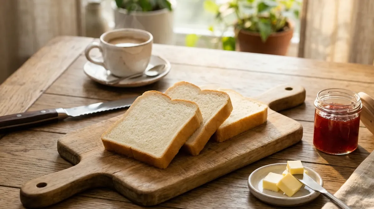 美しくスライスされた食パンとバター・ジャム・コーヒーのある朝食シーン