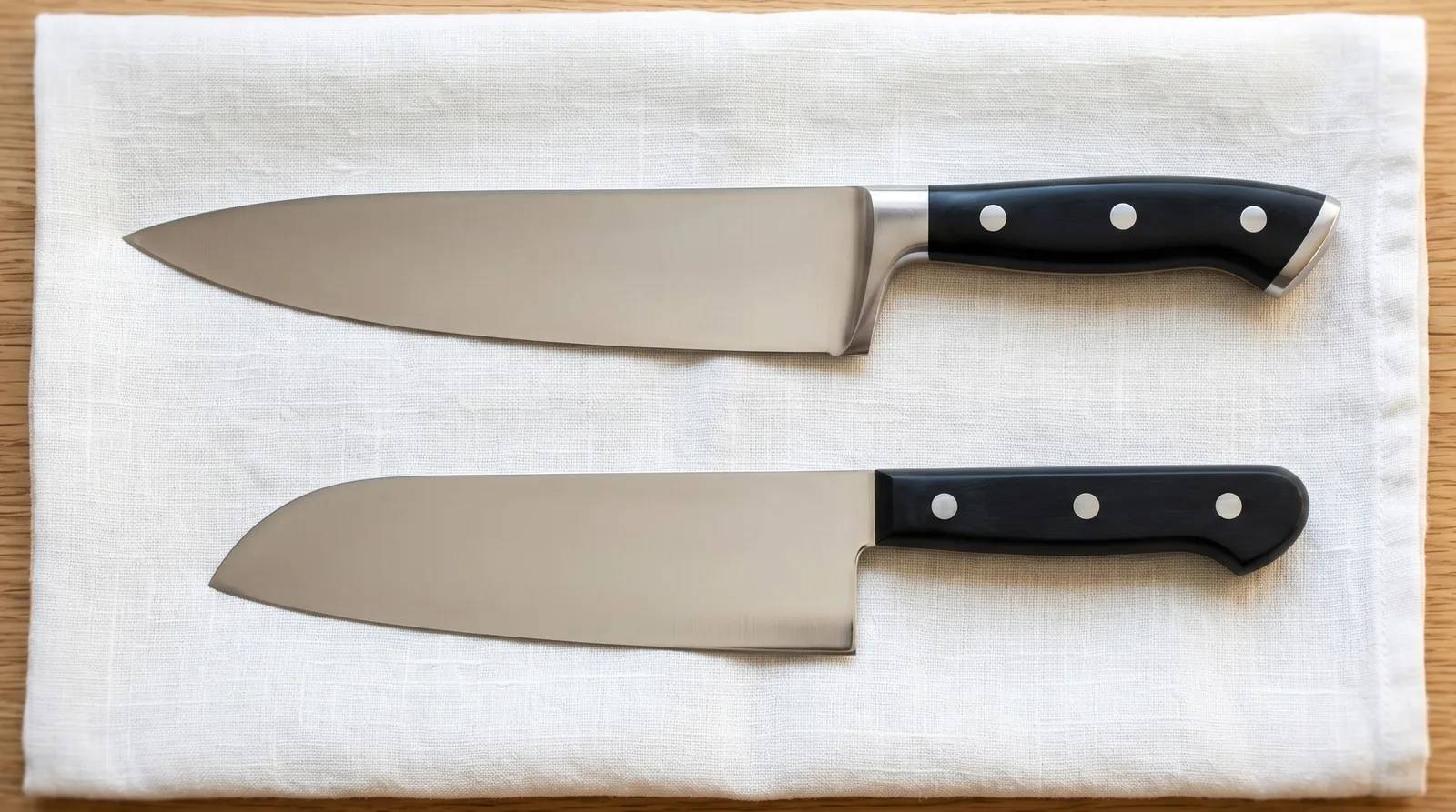 シェフナイフと三徳包丁の形状の違いを並べた比較写真