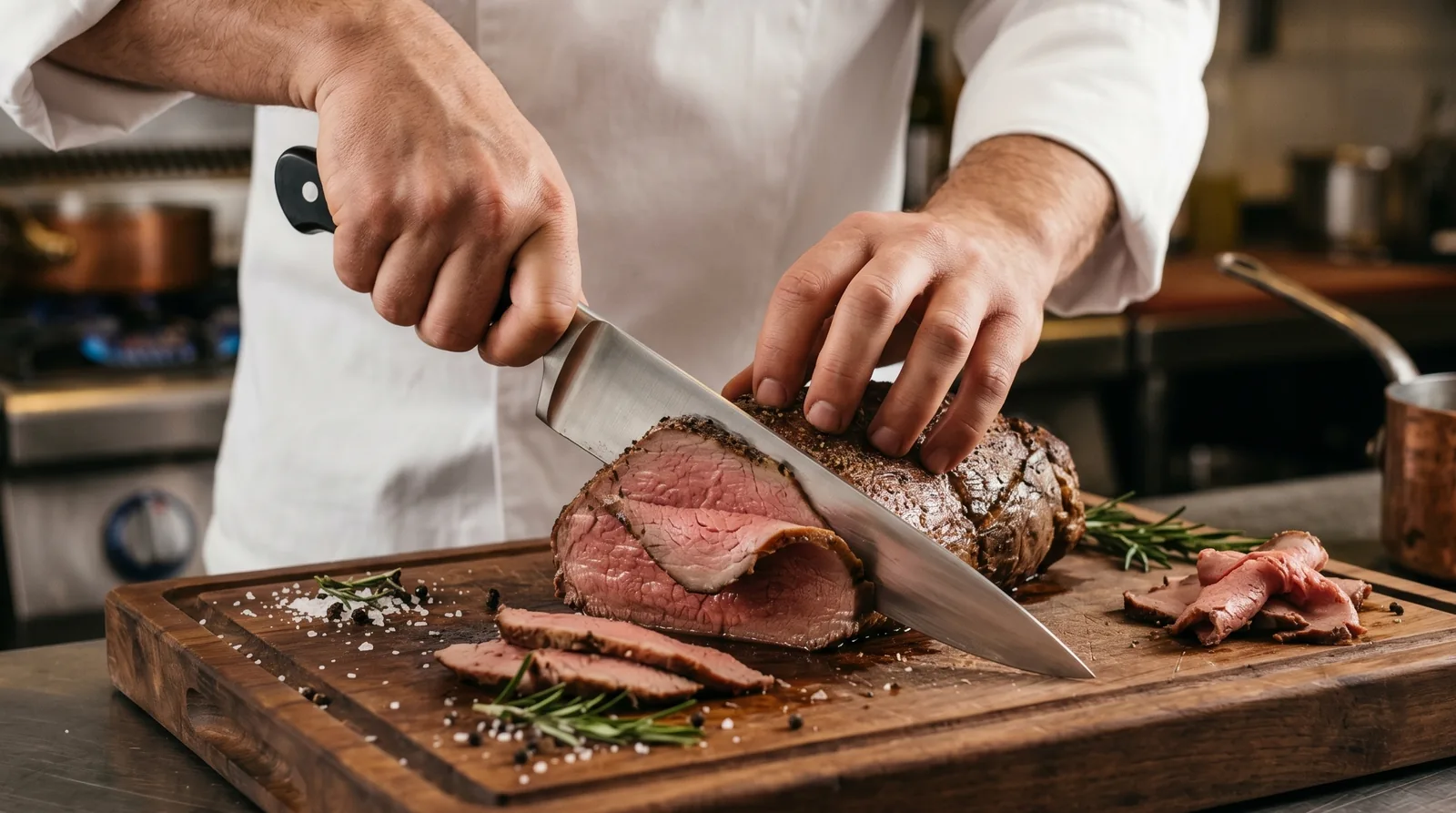 シェフナイフを使った本格料理の調理シーン