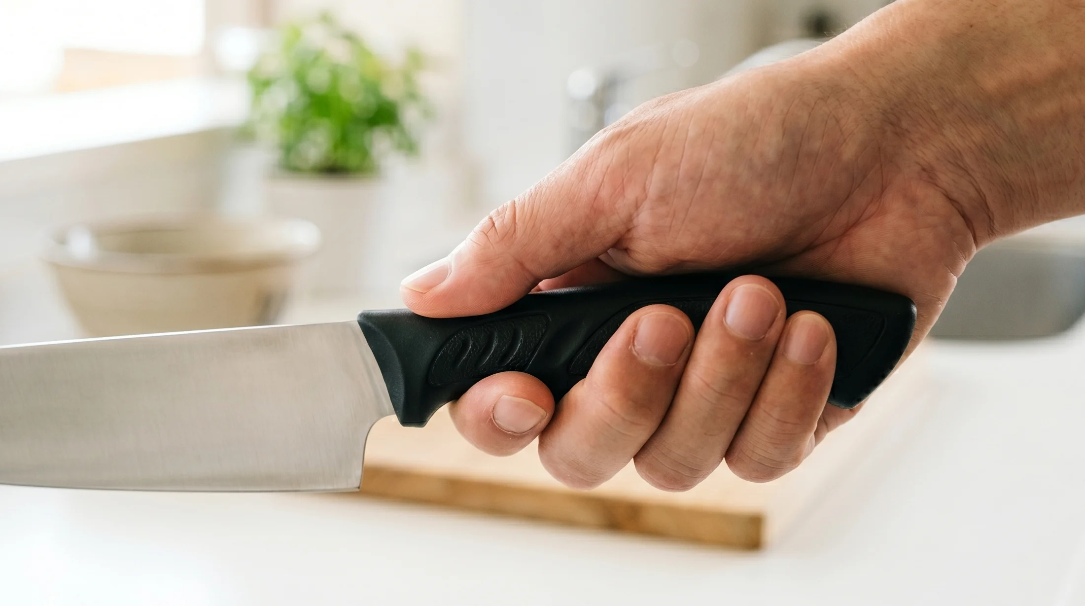 ダイソー2026新作の黒柄ステンレス三徳包丁の柄部分を握って確認している様子