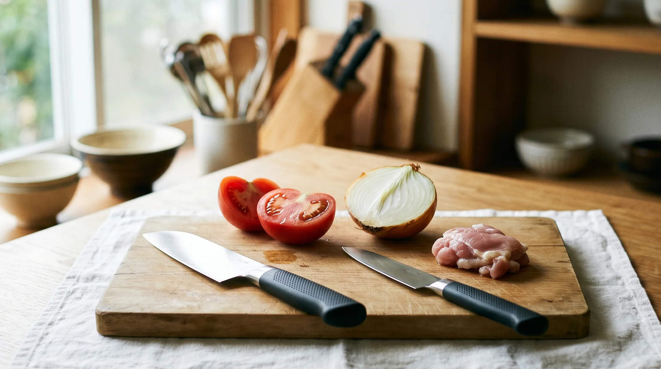 ダイソーとセリアの2026年新作包丁を並べて切れ味を比較している様子