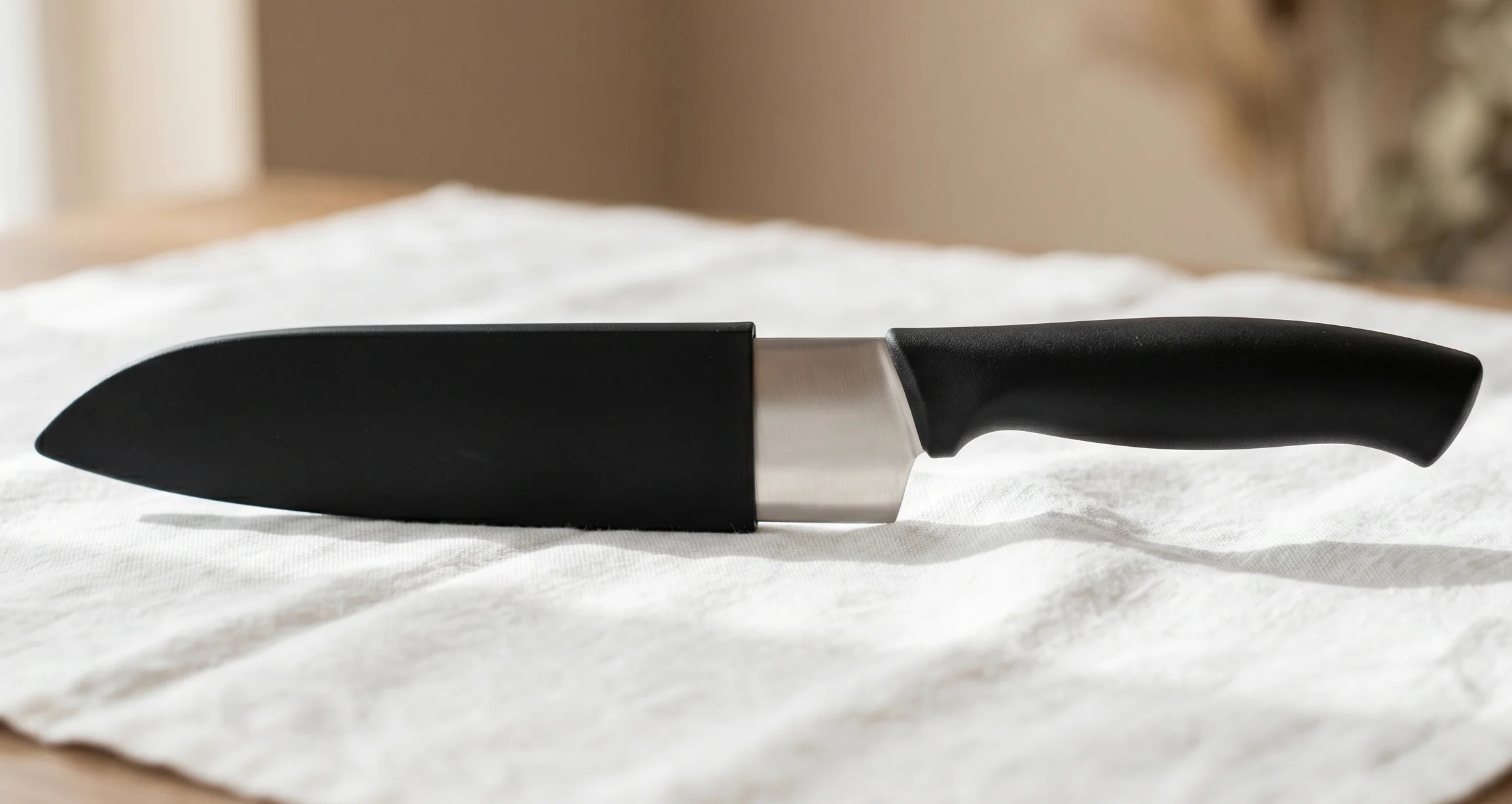 ダイソー2026新作の黒いブレードカバーに16cm三徳包丁を収納した様子