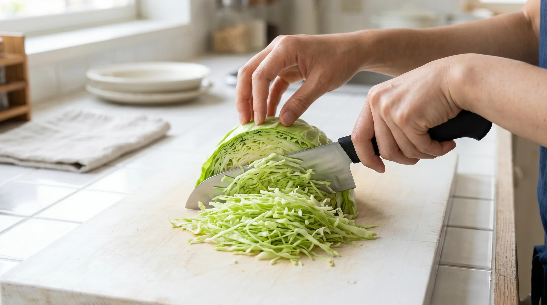 ダイソーの330円黒柄三徳包丁を実際に使ってキャベツを千切りしている様子