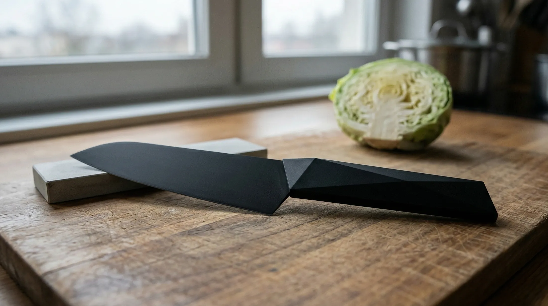 キッチンに置かれたエバーカット包丁と未使用の砥石