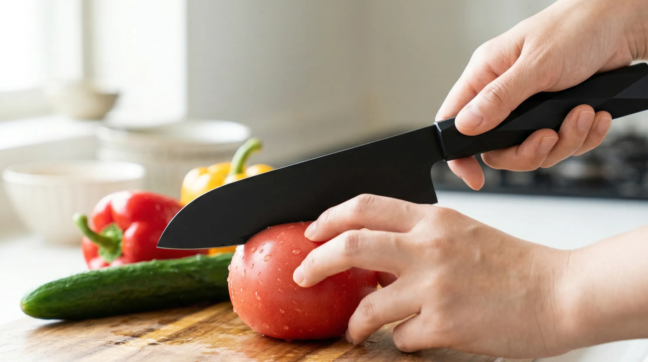 エバーカット包丁でトマトを切る手元クローズアップ
