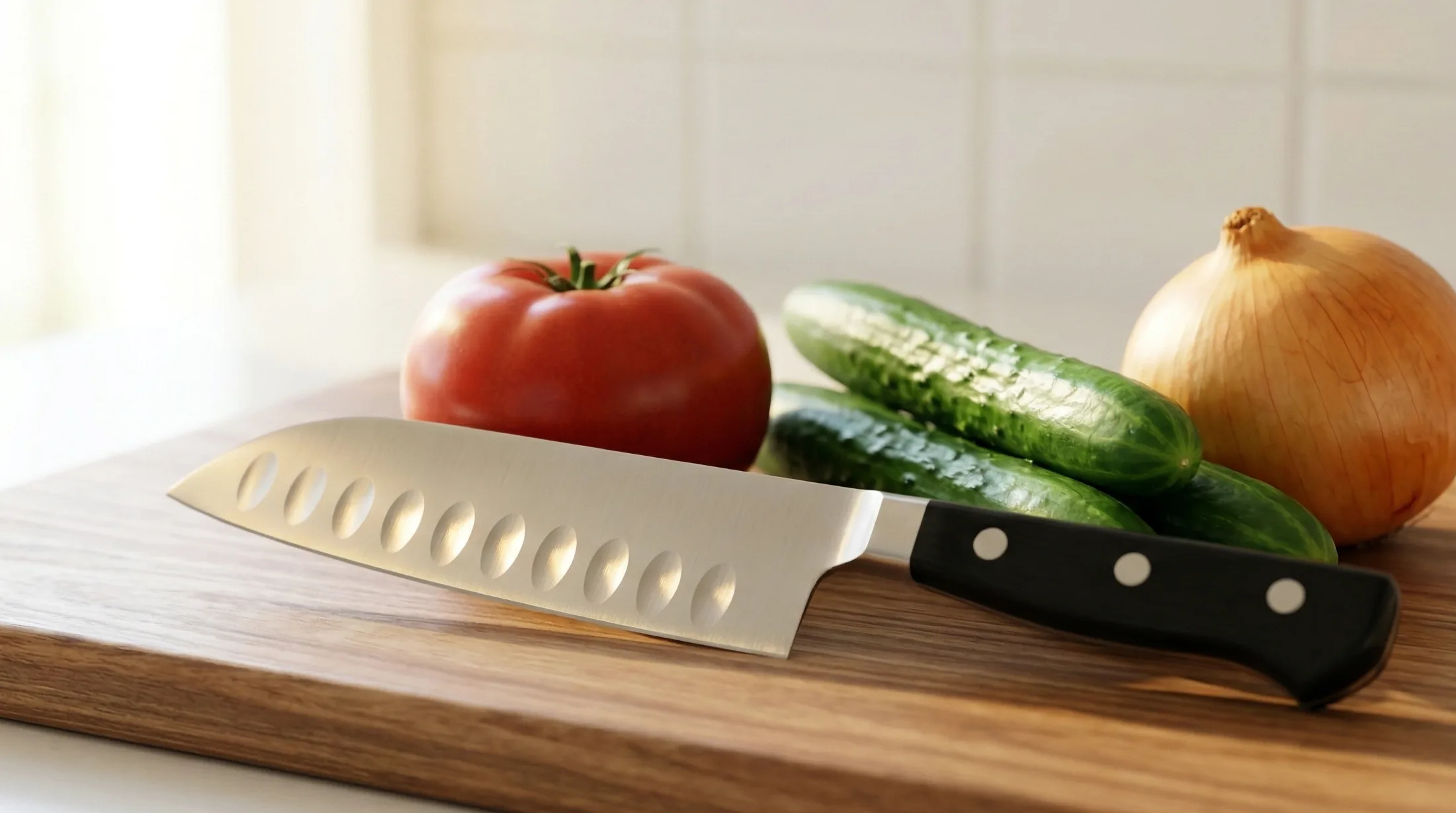 グレステン三徳包丁の刃面に並ぶ楕円ディンプルとキッチン背景