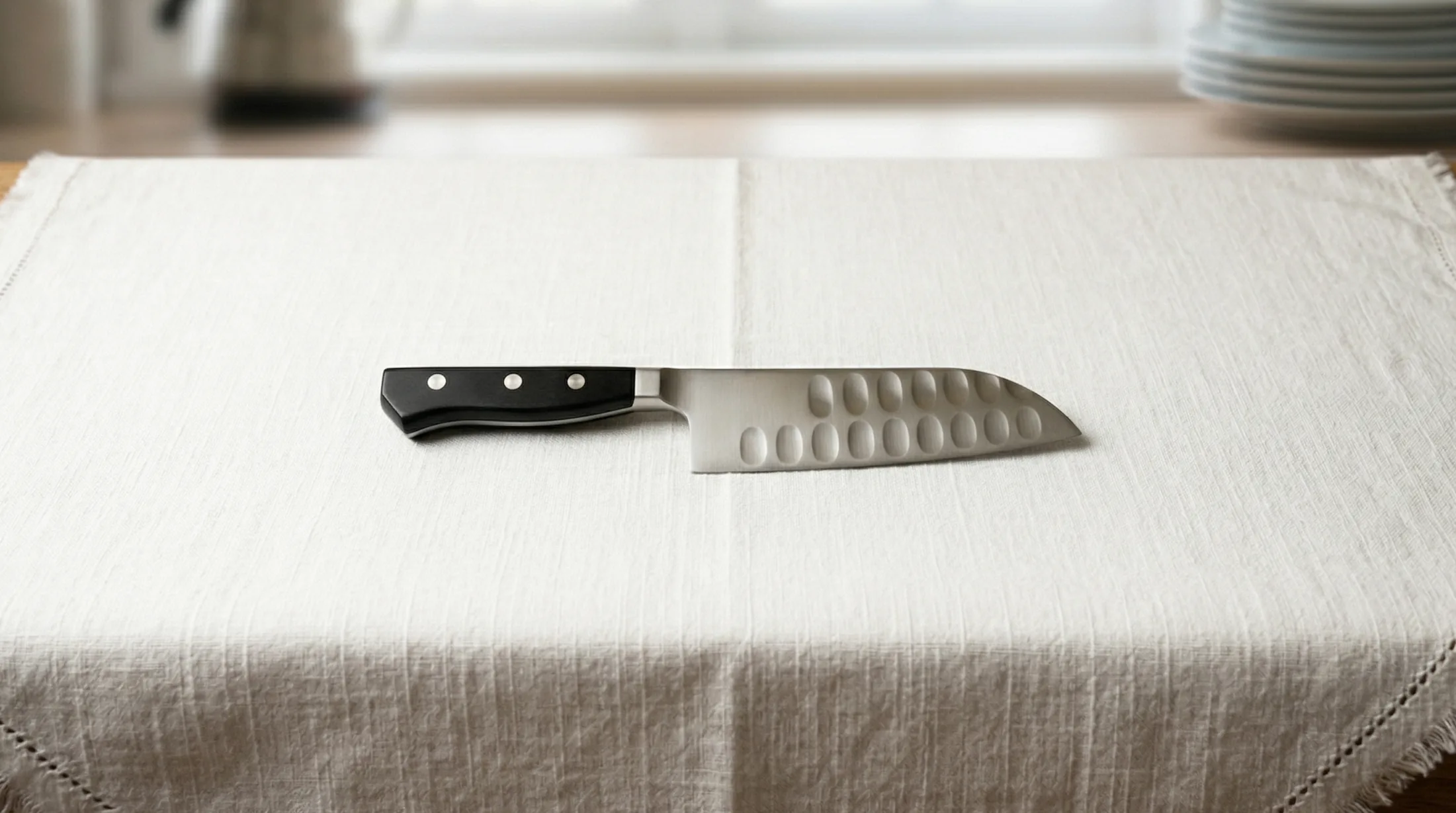 リネンクロスの上に置かれたグレステン三徳包丁の全体像