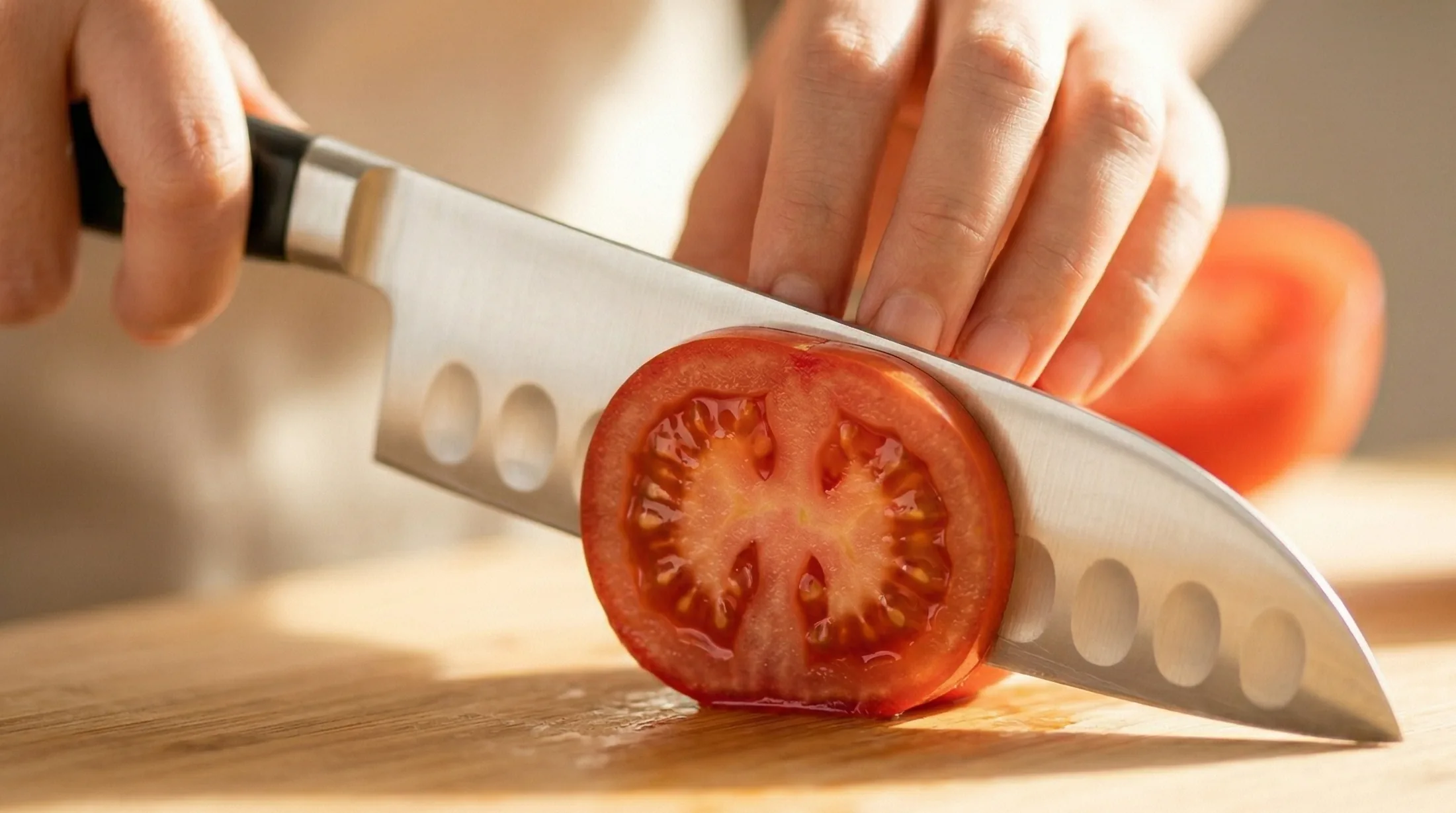 グレステン三徳包丁でトマトをスライスする様子