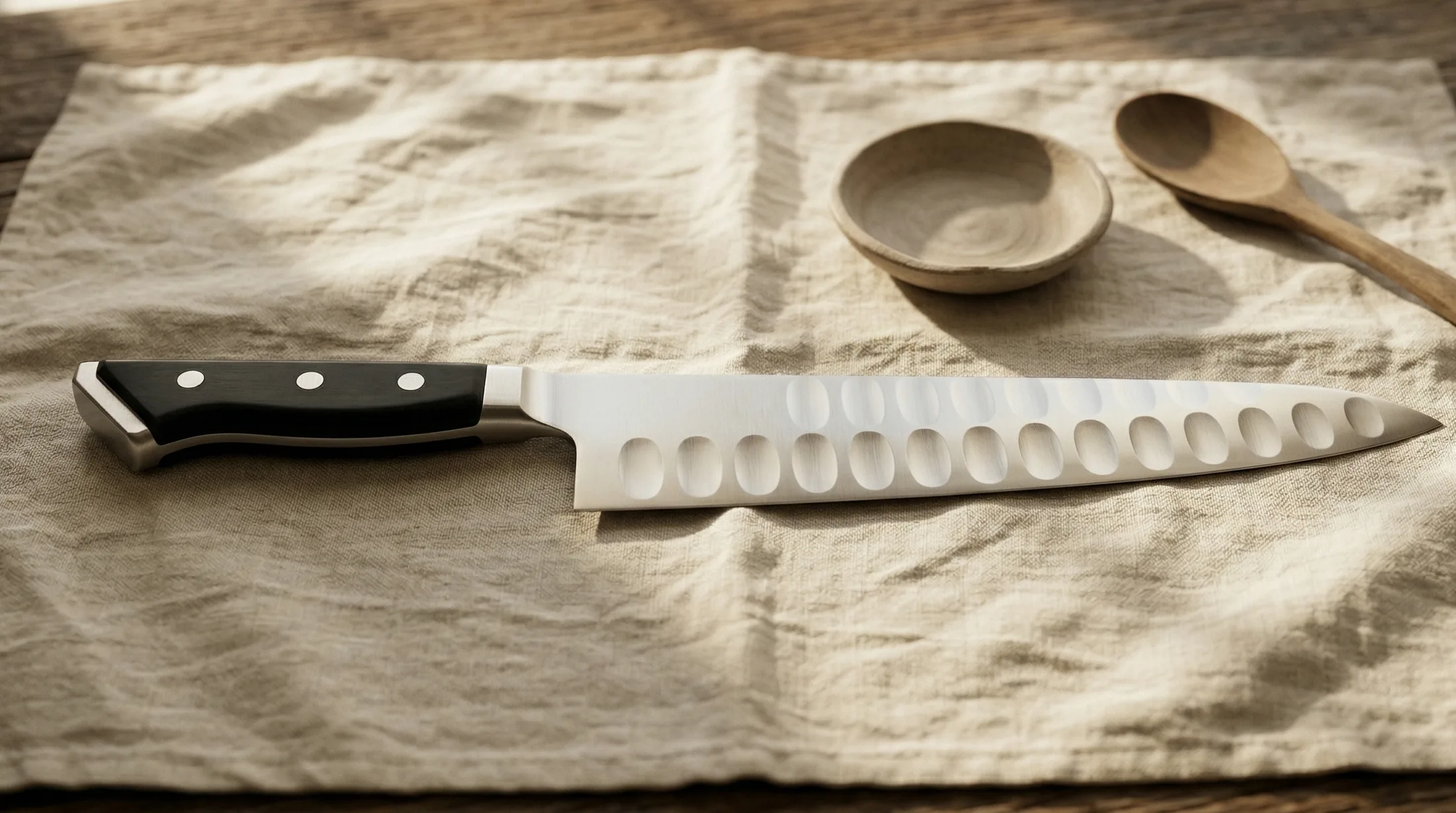 古材カウンターに置かれたグレステンK牛刀