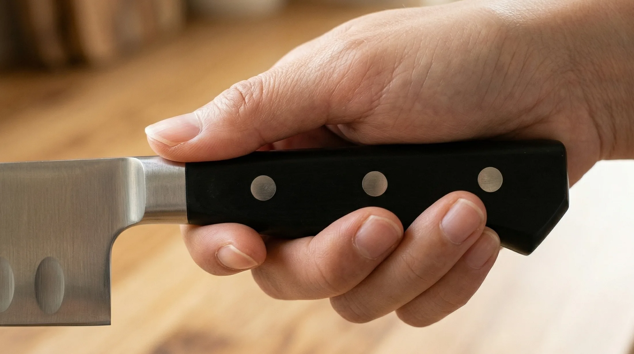 黒樹脂柄と3つのリベットを握る右手のクローズアップ