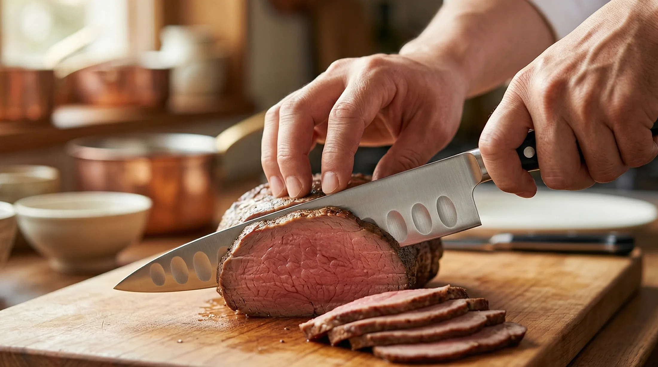 グレステンK牛刀でローストビーフ用の肉をスライスする様子