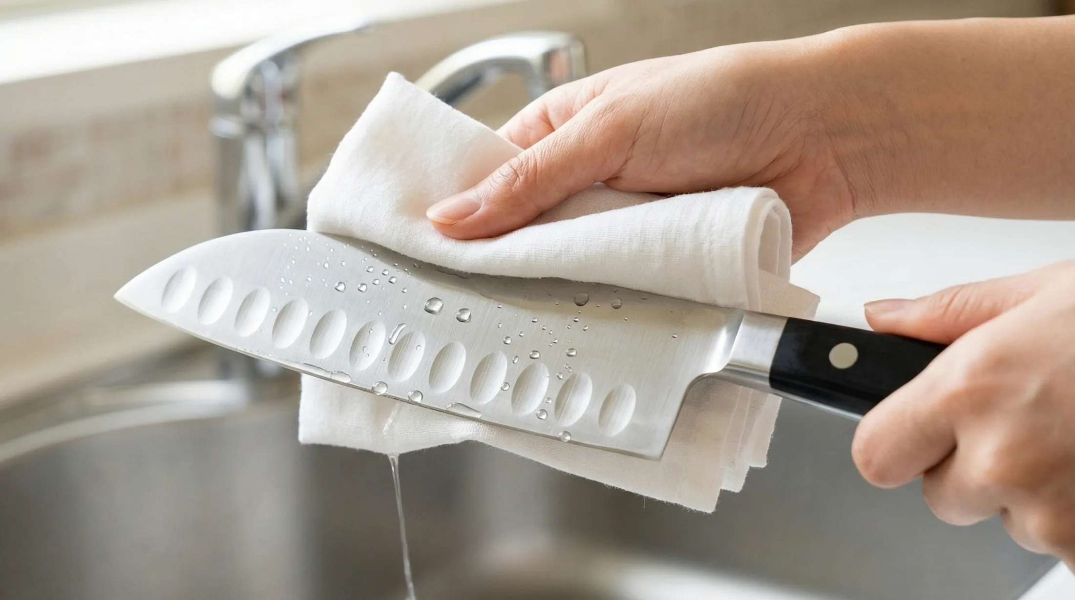 清潔な布巾でグレステン三徳包丁の水気を拭き取るシーン