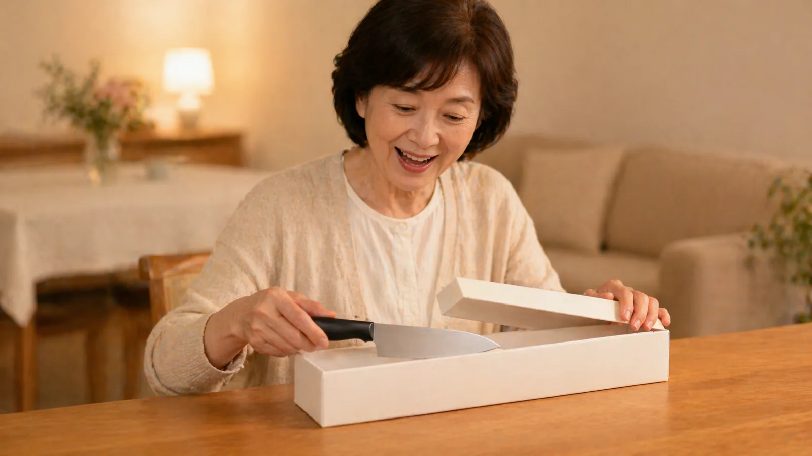 母の日に名入れ包丁を手渡す60代の母と息子のイメージ