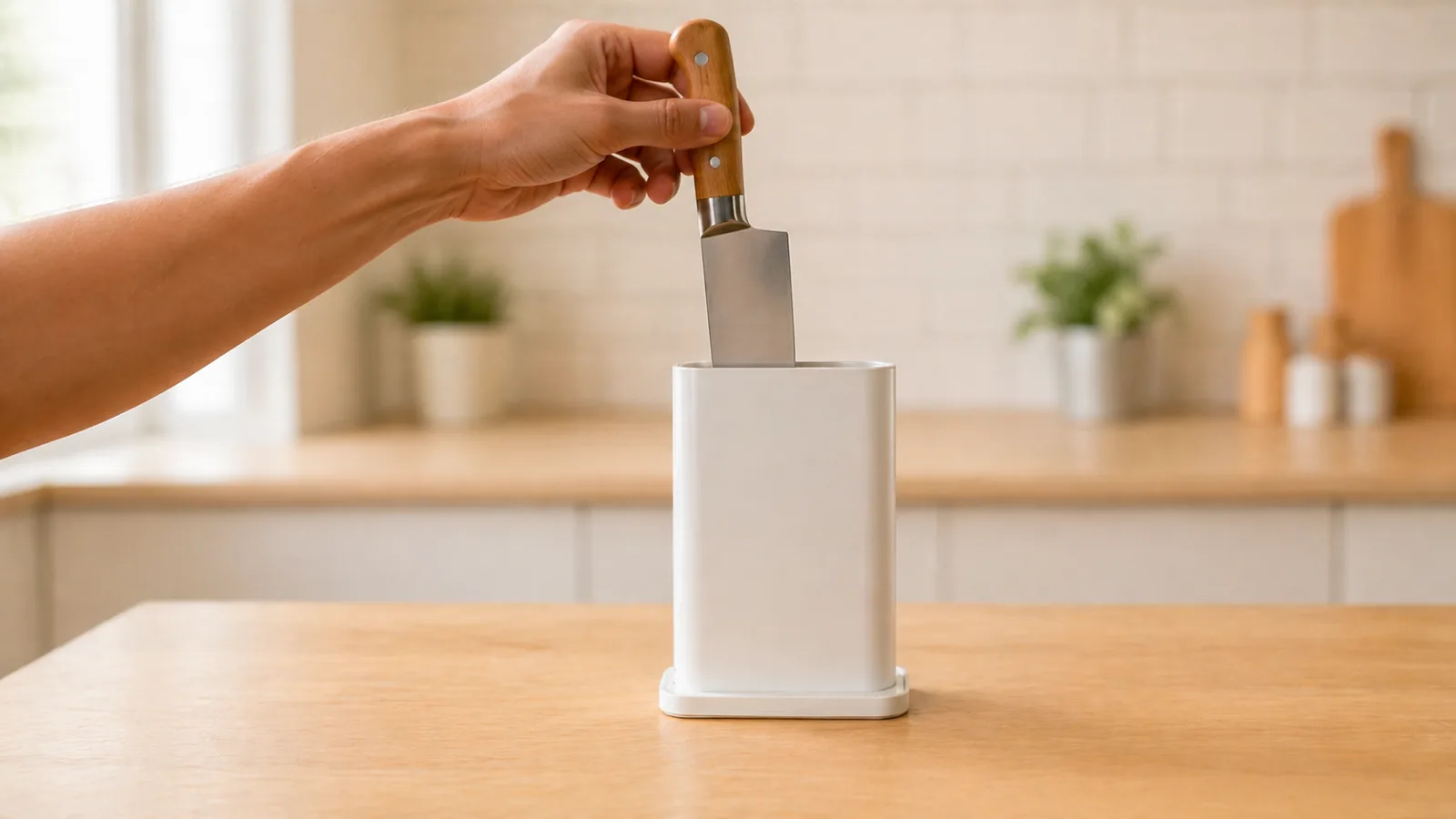 ダイソーの包丁＆まな板スタンドで包丁を立て収納するシーン