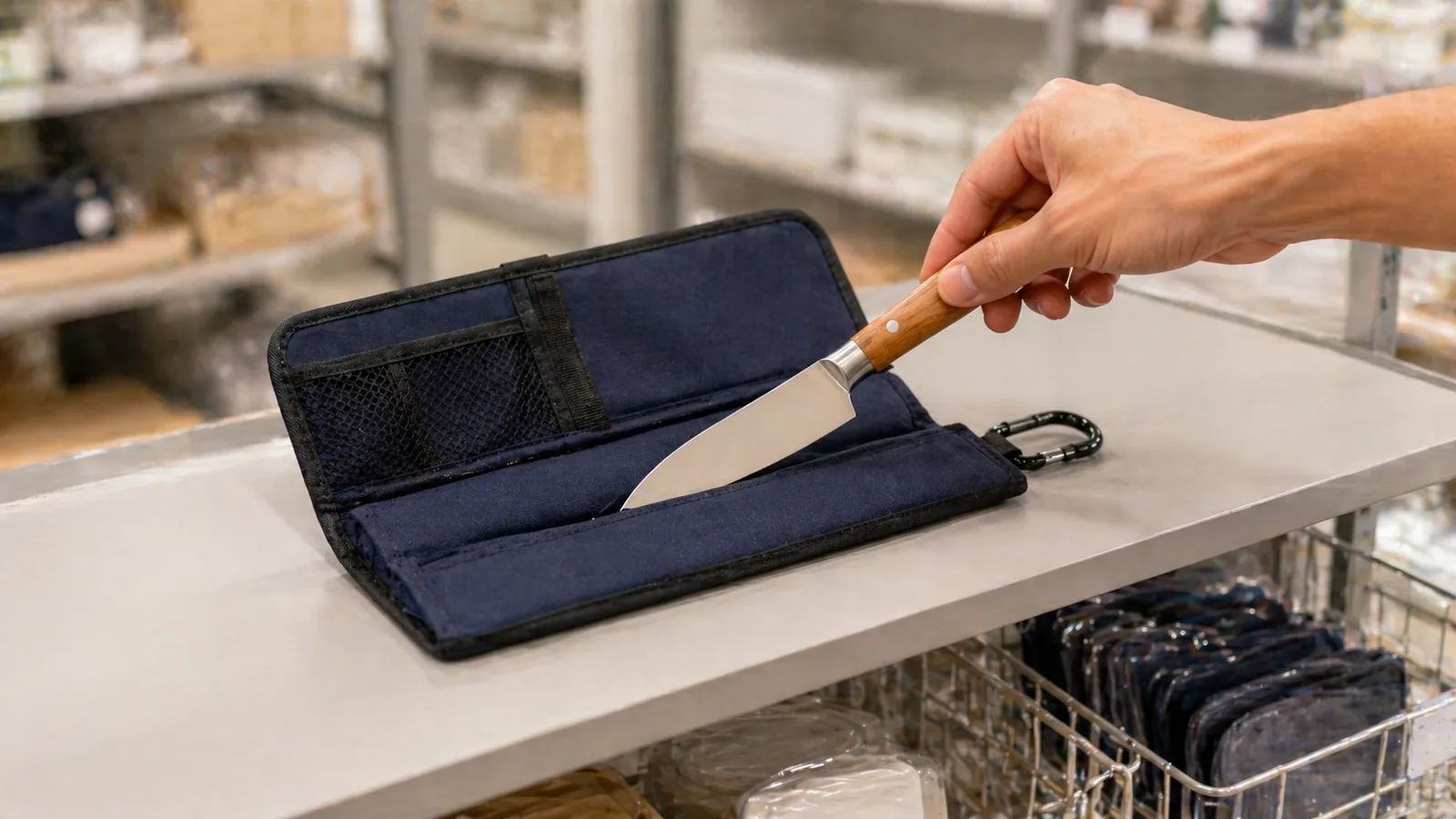 キャンプでペティナイフを100均の包丁ケースで持ち運ぶシーン