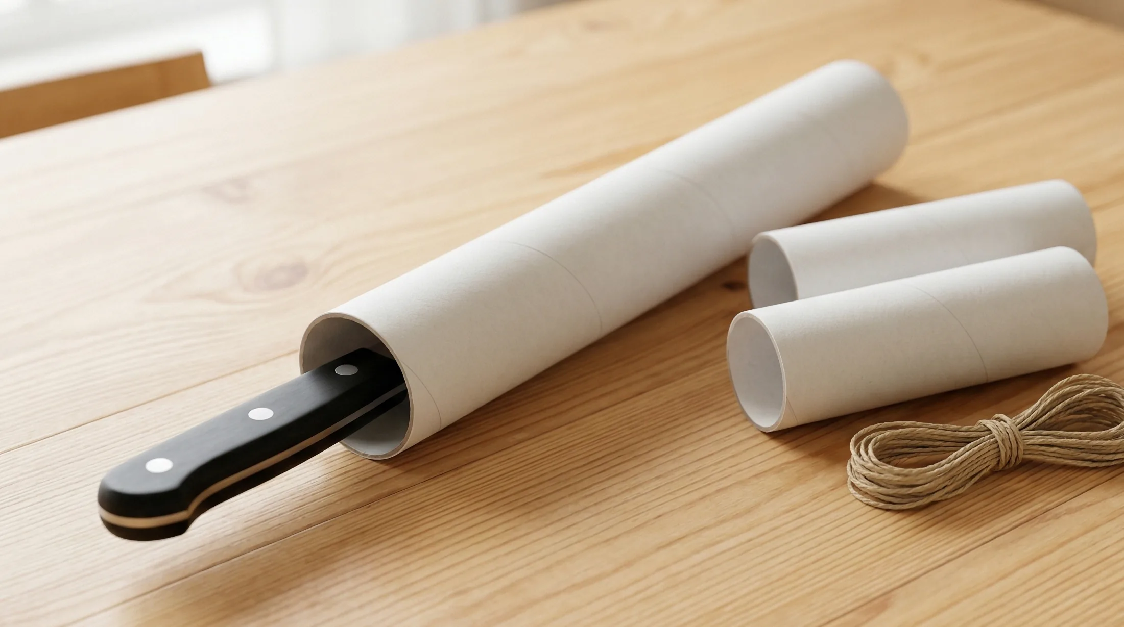 ラップの芯を使った筒型包丁ケース