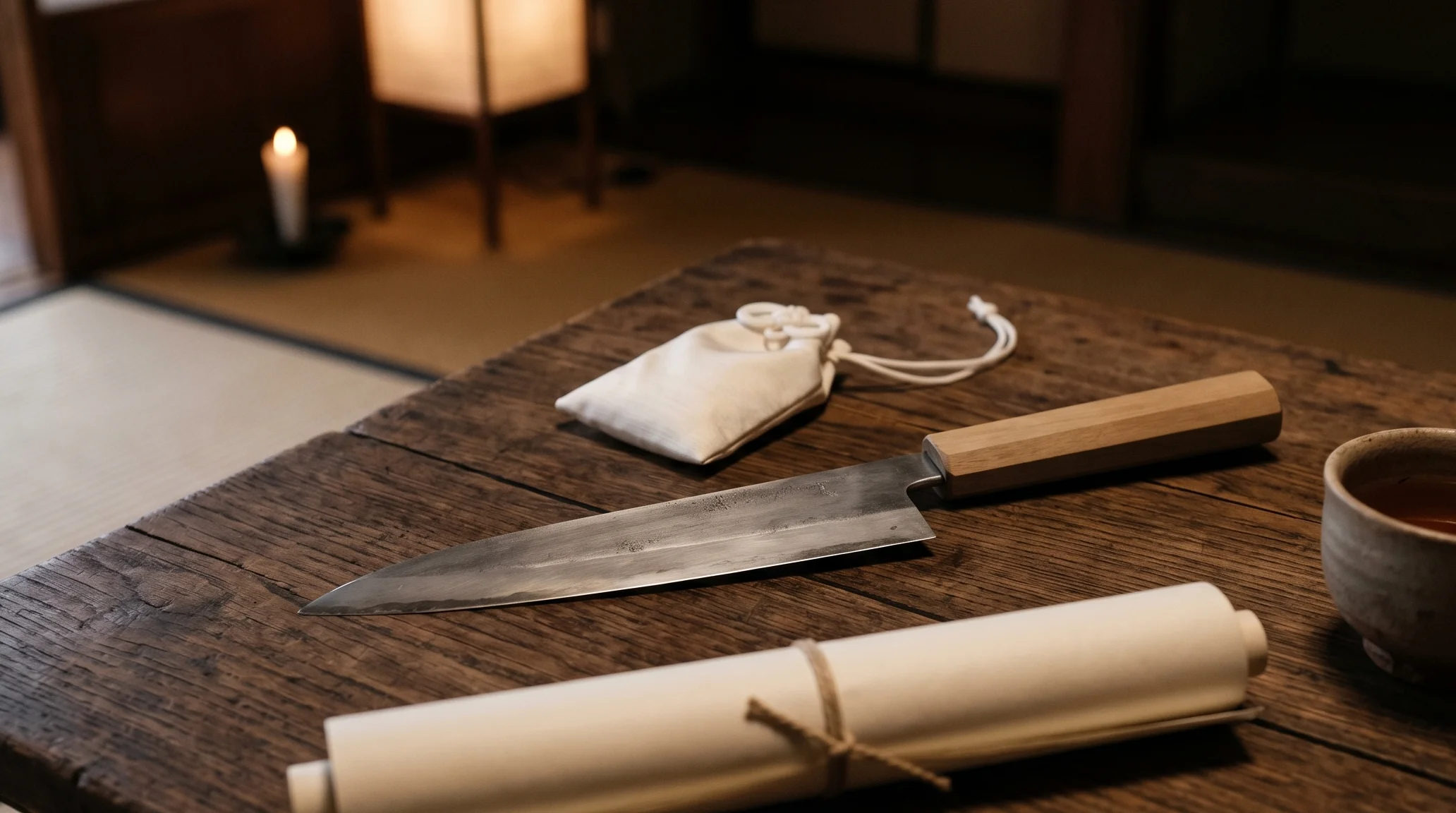 古い和包丁とお守りが並ぶ迷信の歴史感ある静物