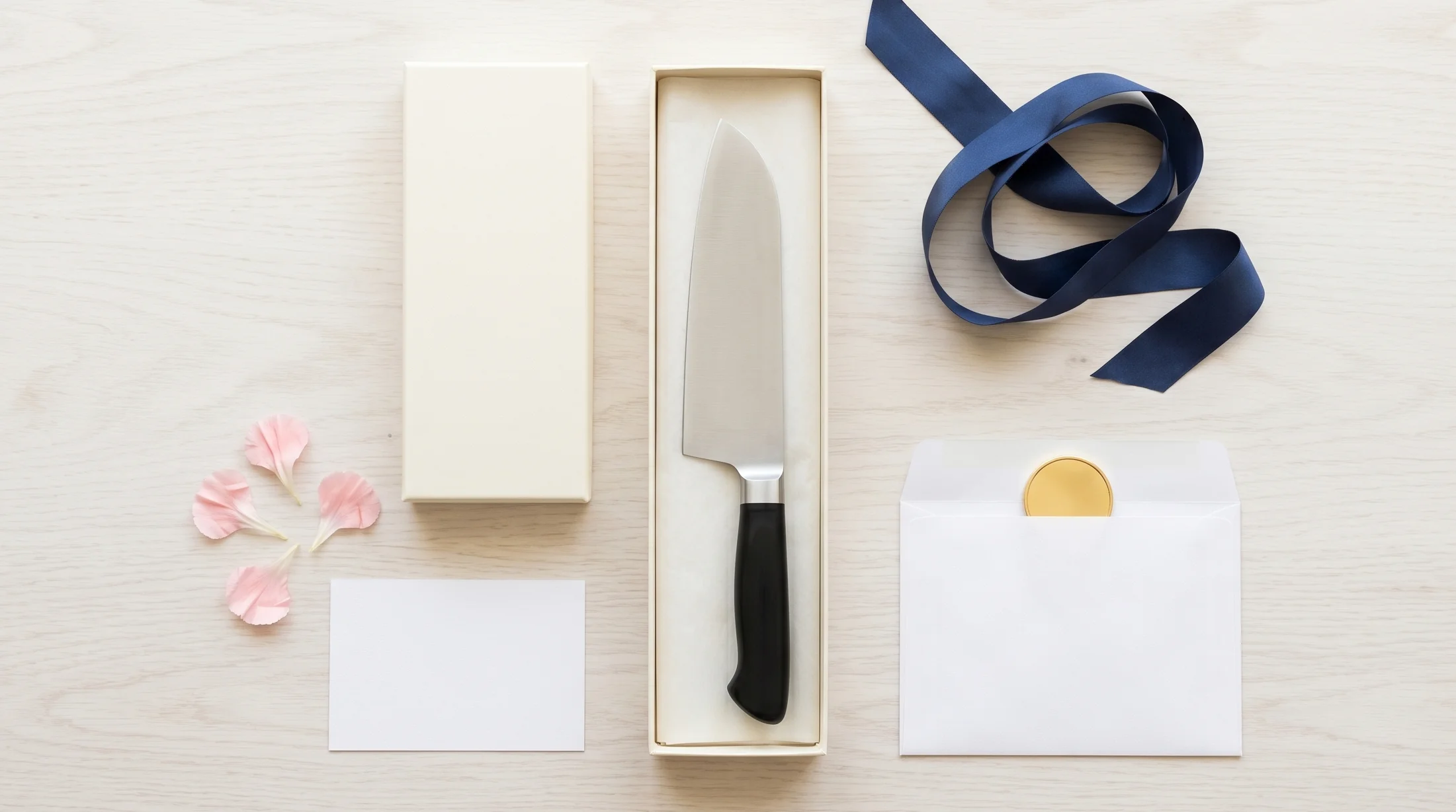 5円玉ポチ袋と包丁のギフトセットが並んだ正しい渡し方の見本