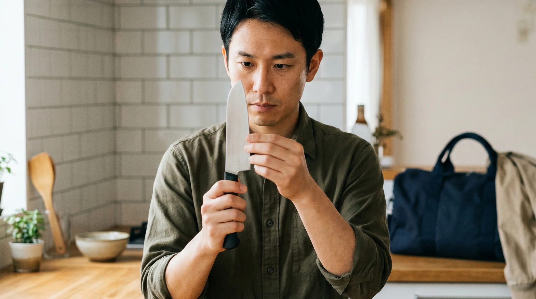 GW前にキッチンで包丁の切れ味を確認している男性の手元と、奥に帰省バッグが置かれた場面
